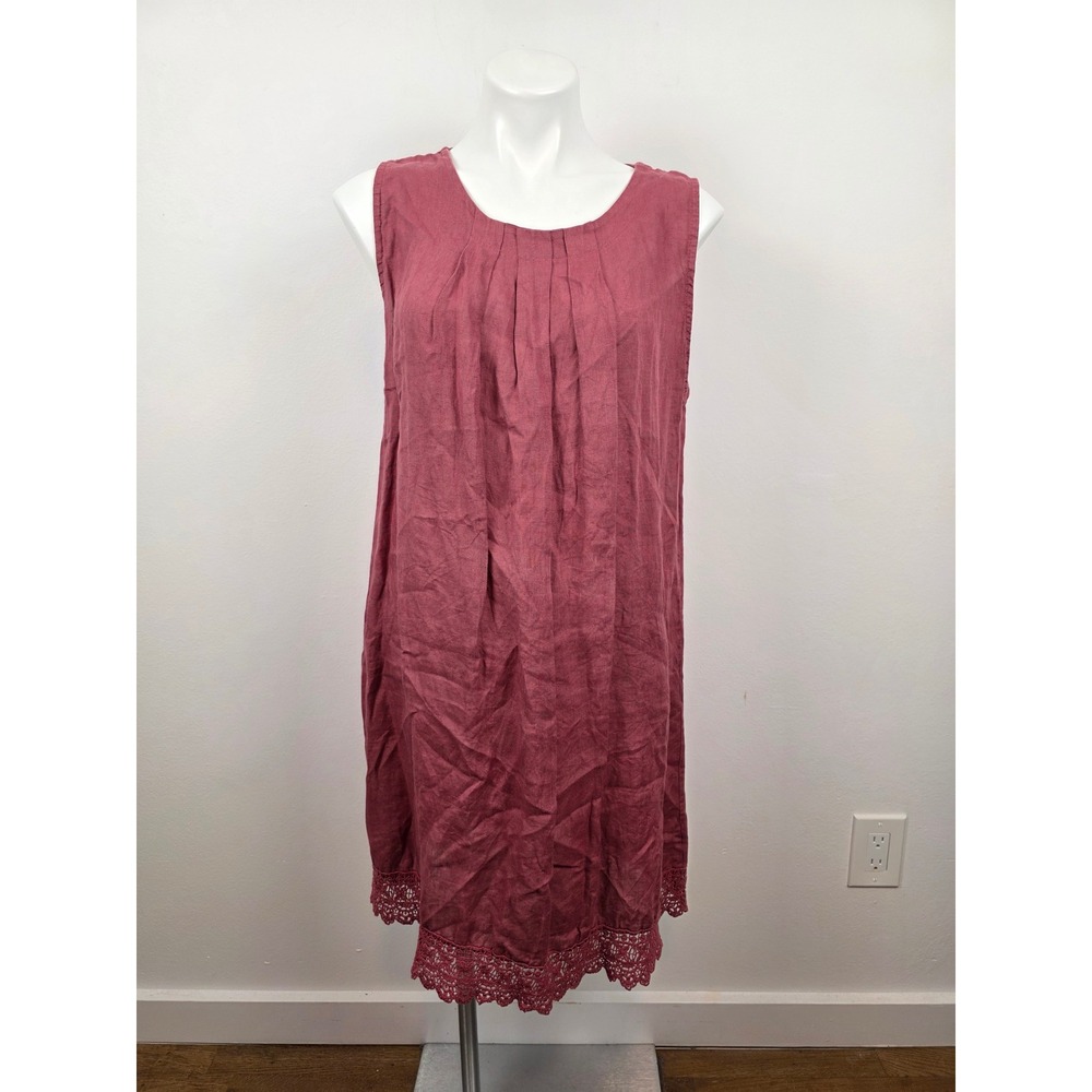 Rosemarine Italy Womens Large 100% Linen Pleated Crochet Lace Hem Shift Dress